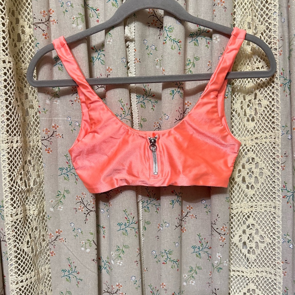 Revolve Lovers + Friends “Zipped Up” Bikini Top Bright Orange/Coral S EUC - Picture 1 of 3